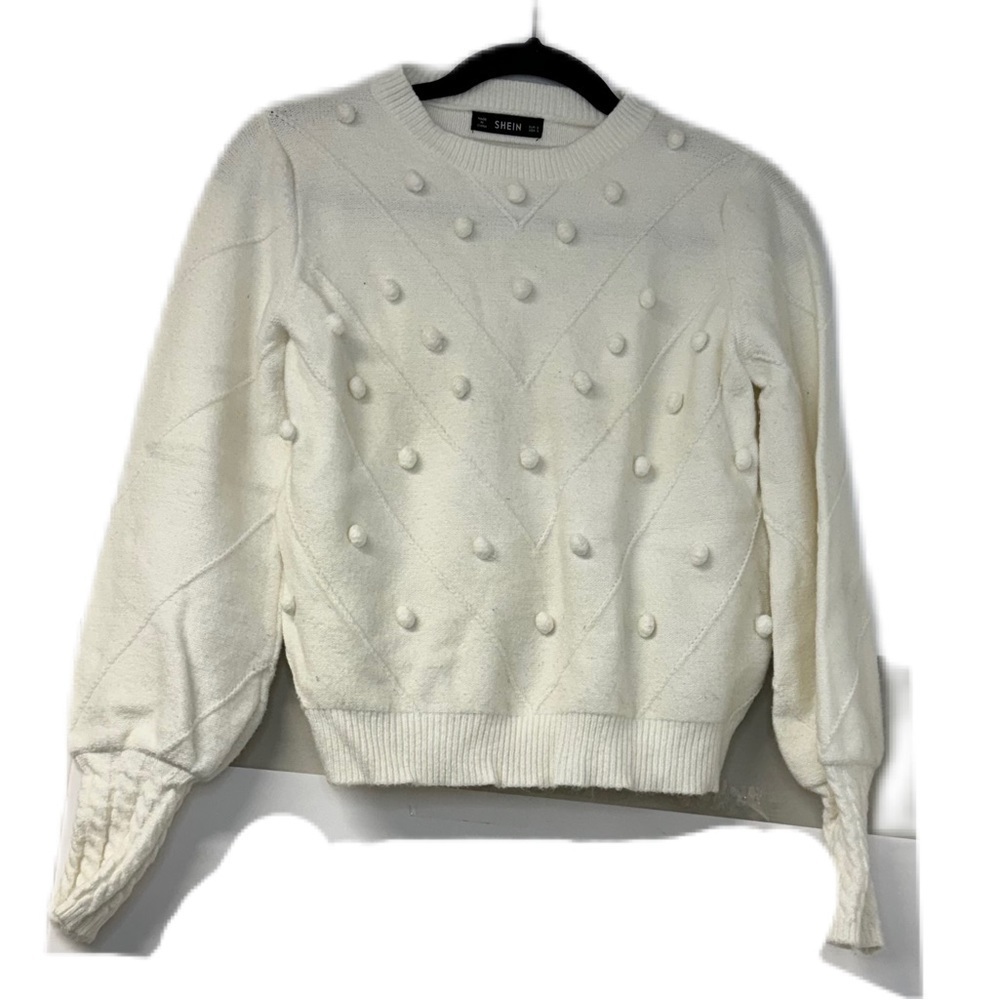 SHEIN woman’s crew neck pom pom ivory sz s long sleeve blouse business blouse